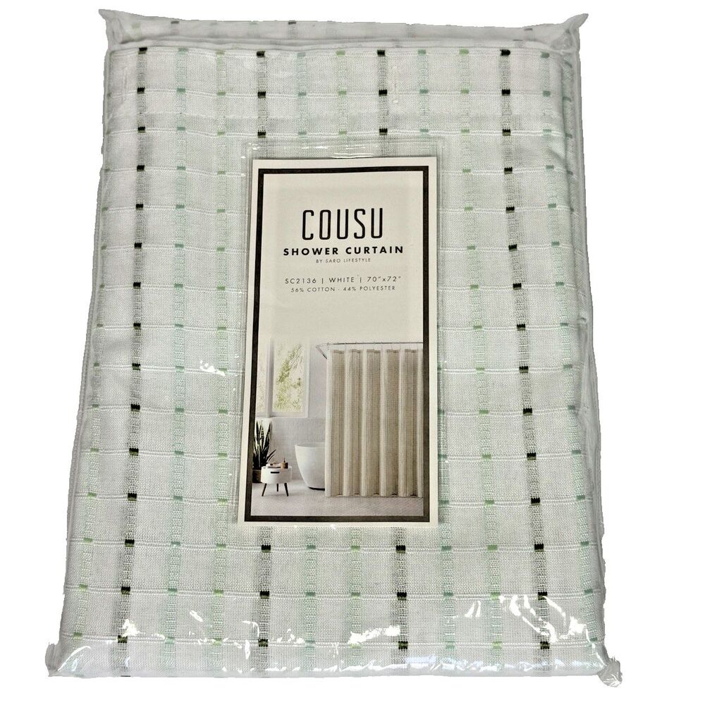 Cousu Caro Lifestyle Shower Curtain White Green Checkered 70x72 New